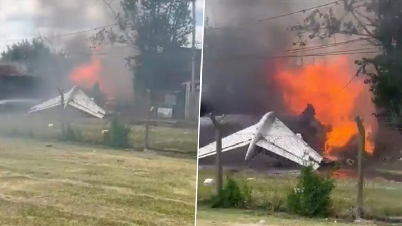 Argentina Plane Crash: Bombardier Challenger 300 Aircraft Crashes Into Building While Landing at San Fernando Airport (Watch Video)