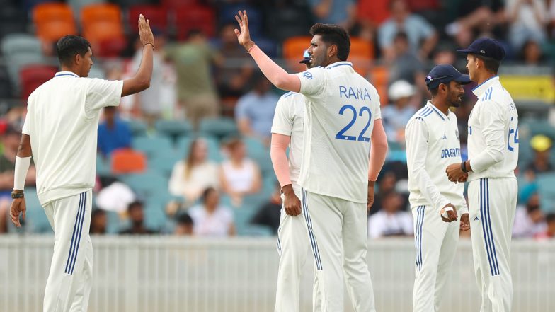 Harshit Rana Scalps 4–44 As India Cricket Team Bowls Out Australian Prime Minister’s XI for 240 (Watch Video)