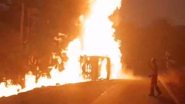 Raigad Accident: Speeding Chemical Tanker Overturns and Catches Fire Near Mumbai-Pune Highway, No Casualties Reported; Traffic Disrupted Due to Major Blaze (Watch Video)