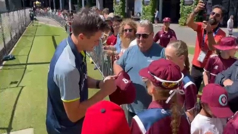 BGT 2024–25: Pat Cummins, Usman Khawaja Click Selfies, Sign Merchandise to Australia Fans    