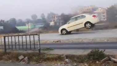 Palghar: Viral Video Shows Car Launching 20-25 Feet Into the Air on Mumbai-Ahmedabad National Highway, Driver Averts Major Accident by Maintaining Control