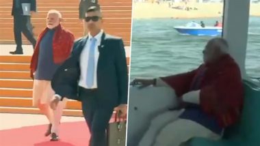 PM Modi Prayagraj Visit: Prime Minister Narendra Modi Enjoys Ferry Ride During His Visit to Sangam Nose in UP (Watch Video)