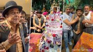 Dharmendra's 89th Birthday Celebration: Veteran Superstar Kisses Sons Sunny Deol and Bobby Deol, Cuts Multi-Tier Cake With Fans and Media (View Pics)