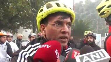 Union Minister Mansukh Mandaviya Participates in ‘Fit India Sunday on Cycle’ Initiative CRPF and ITBP Jawans in Delhi (Watch Videos)