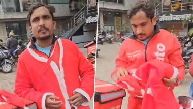 Zomato Delivery Man Forced To Remove Santa Claus Outfit by Hindu Jagran Manch Members in Madhya Pradesh’s Indore (Watch Video)