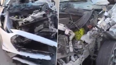 Hyderabad Accident: Car Crushed in Collision with Lorry on Outer Ring Road Near Keesara, 2 Injured (Watch Video)