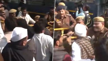 Lucknow: Scuffle Breaks Out Between Police, Congress Leaders Outside Party Office in Uttar Pradesh Over State President Ajay Rai’s Sambhal Visit (Watch Video)