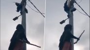 Sambhal Shocker: Woman Climbs Electric Pole to Stop Lineman from Cutting Her Power, Forces Him to Back Down (Watch Video)