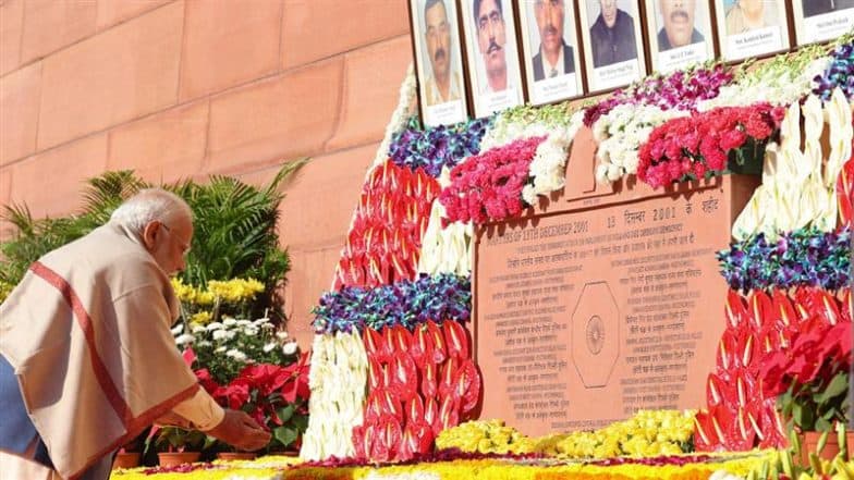 Parliament Attack Anniversary: PM Narendra Modi Pays Tribute to Martyrs at Parliament on 23 Years of Terrorist Attack (See Pics and Video)