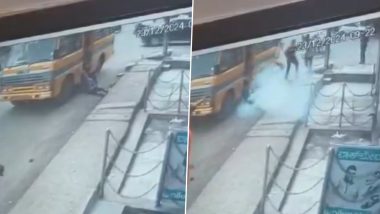 Kalaburagi: Woman, Son Suffer Electric Shock After Live Wire Falls on School Bus in Karnataka, Children Inside Vehicle Escape Unhurt; Chilling Video Surfaces