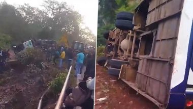 Odisha Bus Accident: 4 Dead, 30 Injured as Pilgrims’ Bus Overturns at Shakuntala Ghat; CM Announces INR 2 Lakh Compensation (Watch Video)