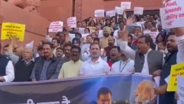 Adani Row: INDIA Bloc MPs Protest on Parliament Premises, Demanding JPC Probe, Rahul Gandhi Participates (See Pic and Videos)