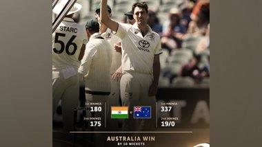 Sports News | BGT 2024-25: Head, Cummins, Starc Shine as Australia Flatten India by 10 Wickets to Continue Pink-ball Test Domination