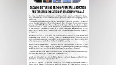World News | Baloch Yakjehti Committee Condemns Forceful Abductions, Targeted Executions of Baloch Youth
