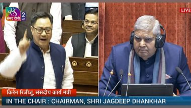 India News | Union Minister Kiren Rijiju Slams Congress over No-trust Motion Against Jagdeep Dhankar, RS Adjourned Till Noon