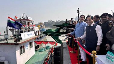 Business News | Sarbananda Sonowal Flags off Ships, Commences Fixed Scheduled Service of Cargo Vessels from Kolkata to Patna, Varanasi, Pandu