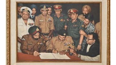 India News | Indian Army Chief General Upendra Dwivedi Installs Iconic 1971 Surrender Painting at Manekshaw Centre on Vijay Diwas