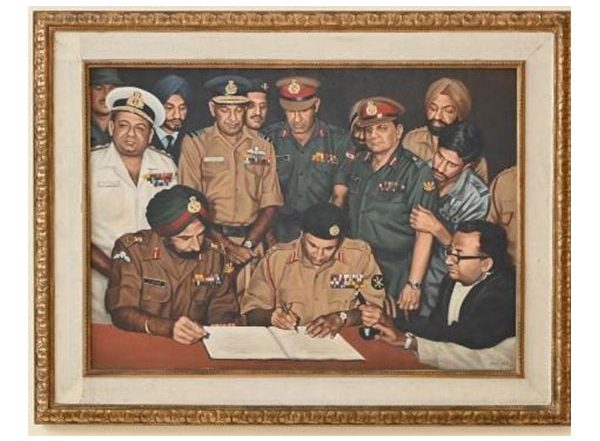India News | Indian Army Chief General Upendra Dwivedi Installs Iconic 1971 Surrender Painting at Manekshaw Centre on Vijay Diwas
