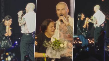 Maroon 5 India Concert: Emotional Fan Hugs Adam Levine Onstage, Gives Flowers to the Singer at Mumbai Gig (Watch Video)