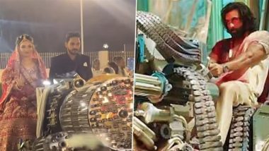 VIRAL! Bride and Groom’s Wedding Reception Entry on Ranbir Kapoor’s 'Animal'-Inspired Movable Machine Gun Takes Internet by Storm – WATCH