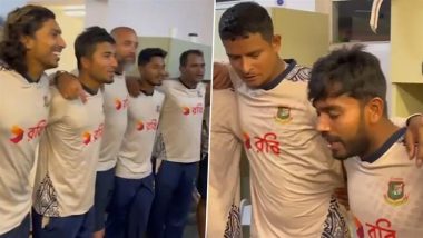 ‘Amra Korbo Joy’ Bangladesh Players, Support Staff Sing Bengali Rendition of ‘We Shall Overcome’ in Dressing Room After Beating West Indies by Seven Runs in WI vs BAN 1st T20I 2024 (Watch Video)