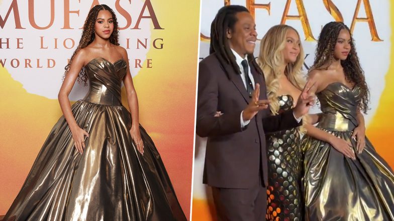 Blue Ivy Carter, Beyonce and Jay-Z’s Daughter Stuns in Voluminous Golden Gown As the Trio Pose for Rare Red Carpet Moment (See Pictures and Videos)