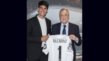 Carlos Alcaraz Attends Real Madrid vs Sevilla La Liga 2024–25 Match, Receives Special Jersey From Florentino Perez (View Pic)