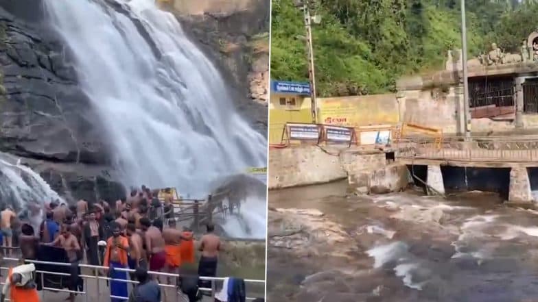 Tamil Nadu: Tourists and Lord Ayyappan Devotees Return To Have Bath at Courtallam Falls in Tenkasi After Bathing Ban Due to Heavy Flooding (Watch Video)