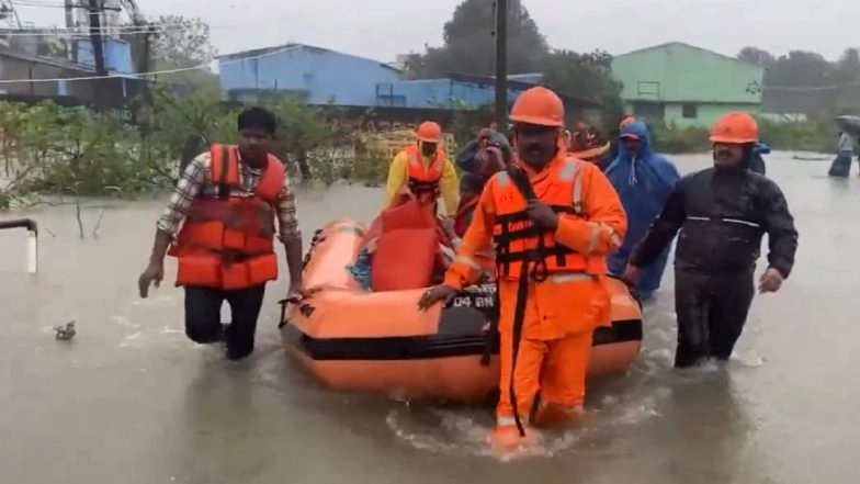 Cyclone Fengal Update: Disaster Personnel Use Boats To Rescue People in Flooded Cuddalore (Watch Video)