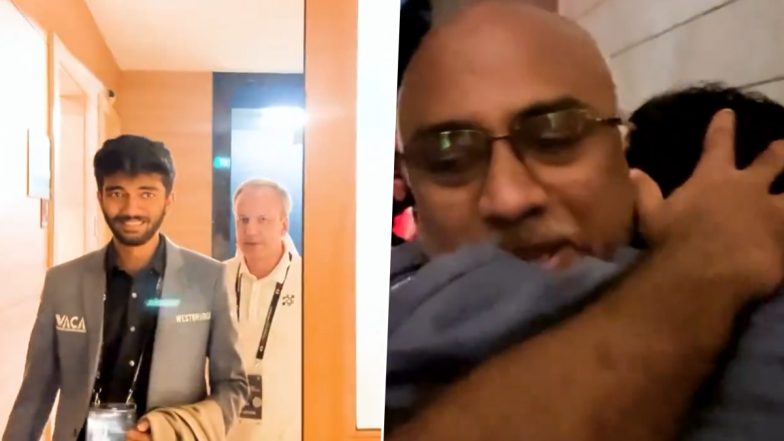 Emotional D Gukesh Hugs His Father, Cries After Scripting History By Beating Ding Liren to Win FIDE World Chess Championship 2024 (Watch Videos)