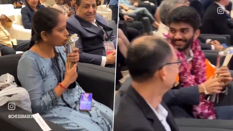 D Gukesh’s Mother Kisses FIDE World Chess Championship 2024 Trophy As 18-Year-Old Star Passes It On to His Parents After Receiving at Closing Ceremony, Videos Go Viral