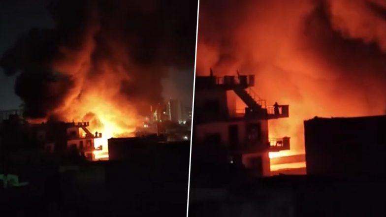 Gurugram Blast Video: Massive Blaze Erupts at Saraswati Enclave in Haryana After AC Compressor Explodes, Viral Clip Shows Black Smoke Covering Skies