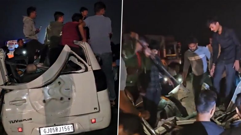 Nadiad Road Accident: 3 Dead, 2 Others Injured After Car Collides With Truck on Ahmedabad Vadodara Express Highway in Gujarat (Watch Video)