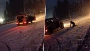 Himachal Pradesh: Man Jumps Out of Moving Car, Narrowly Escapes Mishap As It Skids on Snowy Road Near Atal Tunnel; Video Surfaces