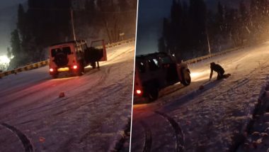 Himachal Pradesh: Man Jumps Out of Moving Car, Narrowly Escapes Mishap As It Skids on Snowy Road Near Atal Tunnel; Video Surfaces