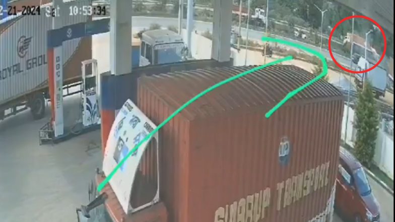 Nelamangala Accident Video: CCTV Footage Shows Container Truck Toppling Over SUV on Bengaluru National Highway, 6 Killed