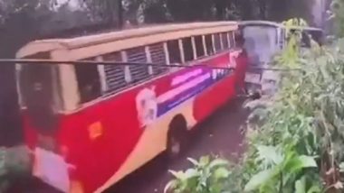 Kannur Bus Accident Caught on Camera: 35 Passengers Injured in Head-On Collision Between 2 KSRTC Buses in Peravur, Mishap Video Surfaces