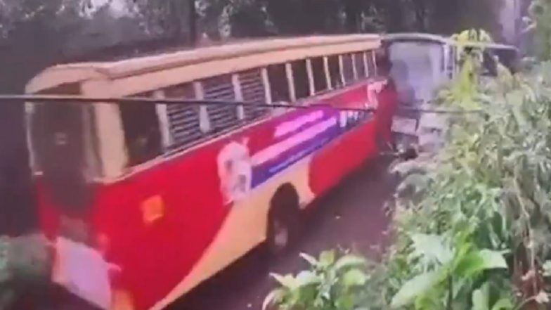 Accident Caught on Camera in Kerala: 34 Passengers Injured As 2 KSRTC Buses Collide Head-On Near Kallerirammala in Kannur, Terrifying Video Surfaces