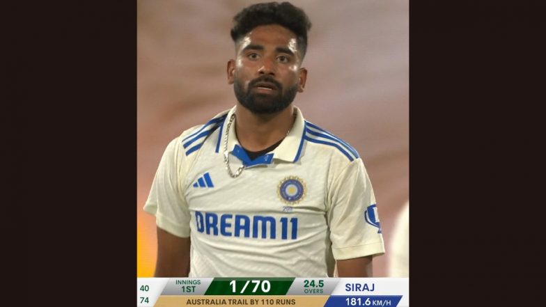 Speedometer Shows Mohammed Siraj Clocking 181.6 Kmph on Speed Gun During IND vs AUS BGT 2024-25 2nd Test, Broadcaster’s Error Goes Viral