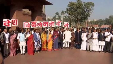 Opposition MPs Protest on Adani Issue at Parliament Premise, Union Minister Giriraj Singh Holds George Soros-Sonia Gandhi Poster As BJP-Congress Spar (Watch Videos)