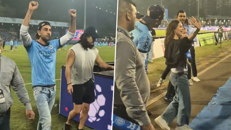 Bollywood Stars Ranbir Kapoor, Alia Bhatt Acknowledge Fans’ Chants on Sidelines of Mumbai City FC vs Hyderabad FC ISL 2024–25 Match at Mumbai Football Arena (Watch Video)