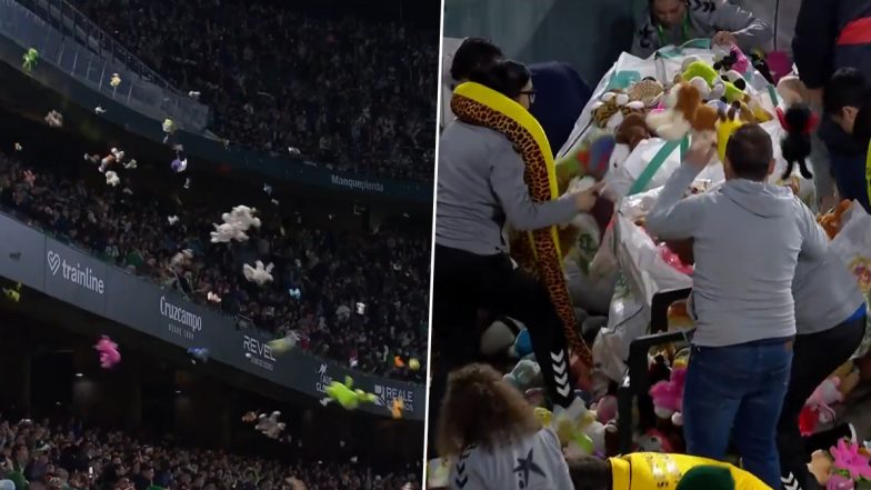 Real Betis Fans Continue Heartwarming Tradition, Throw Toys on Pitch for Children Ahead of Christmas in La Liga 2024–25 Match Against Rayo Vallecano (Watch Video)