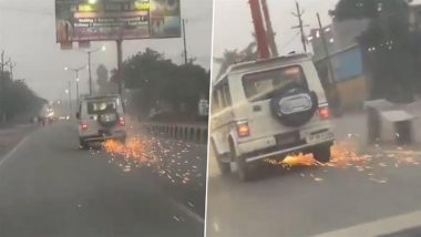 Sambhal: Car With BJP Sticker Hits Bike Rider in Uttar Pradesh, Drags Two-Wheeler for 2 Km on Busy Road; Police Assure Action After Video Goes Viral