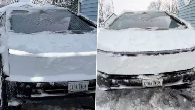 Cybertruck Owner Spots Major Design Flaw in Vehicle, Discovers ‘Ice Wall’ Completely Blocks Headlights When It Snows (Watch Video)