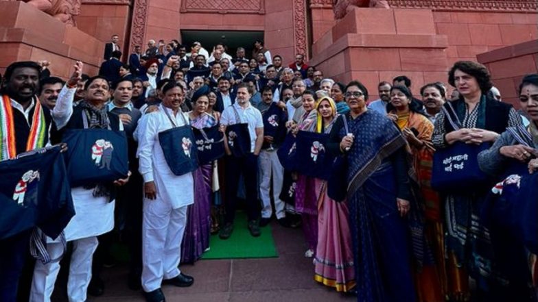‘Modi Adani Bhai Bhai’: Opposition MPs Protest on Adani Issue in Parliament Premises With Black ‘Jholas’ (See Pics and Videos)