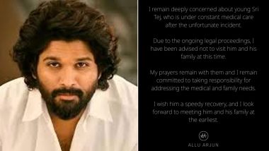 ‘Pushpa 2’ Actor Allu Arjun Shares Heartfelt Message for Injured Sri Tej After Sandhya Theatre Incident; Says ‘I Remain Committed to Supporting His Medical and Family Needs’ (View Post)