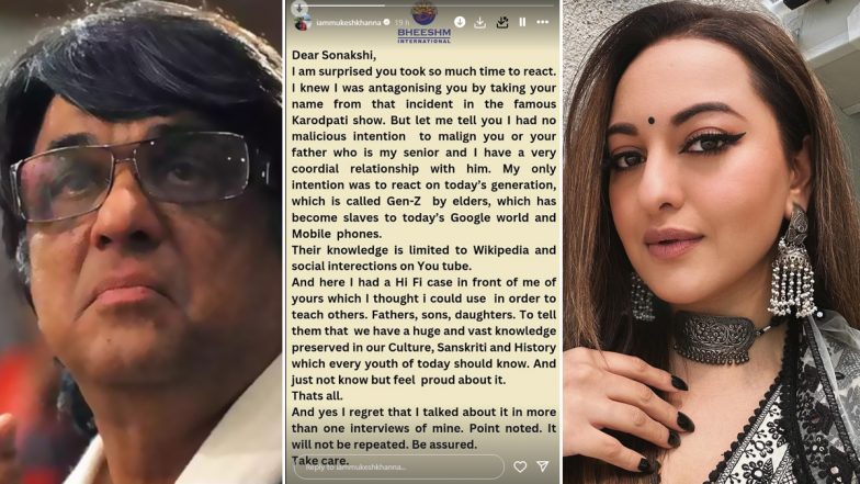 Mukesh Khanna Explains His Comments on Sonakshi Sinha’s Upbringing; Say ‘No Malicious Intent’ (View Post)