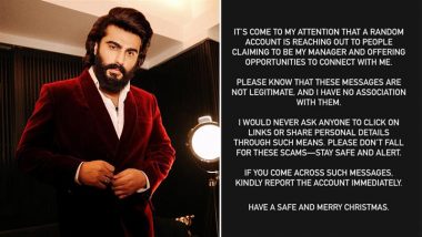 Arjun Kapoor Issues Warning to Followers About Fake Account Claiming To Be His Manager; Says, ‘Please Don’t Fall for These Scams - Stay Safe and Alert’ (View Post)