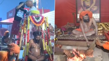 Naga Sadhu Pramod Giri Maharaj Bathes With 61 Pots of Water While Performing Hatha Yoga at Maha Kumbh Mela 2025 Amid Cold Wave in Prayagraj; Video Goes Viral