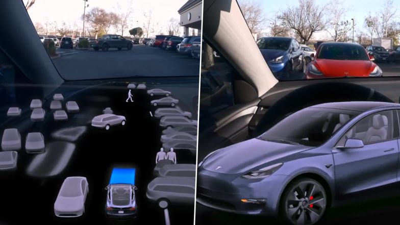 Tesla FSD 13.2.2: Check How Tesla Car Navigates and Shows Its Self Parking Skills in a Busy Lot (Watch Video)